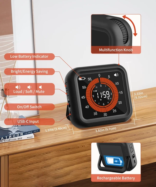 Alt view image 5 of 7 - Digital Magnetic Visual Kitchen Timer, Up to 11H 59M Countdown & Count Up | USB-C Rechargeable, Large VA Display, Adjustable Volume and Brightness, Memory Recall Function for Kitchen, Classroom, Study