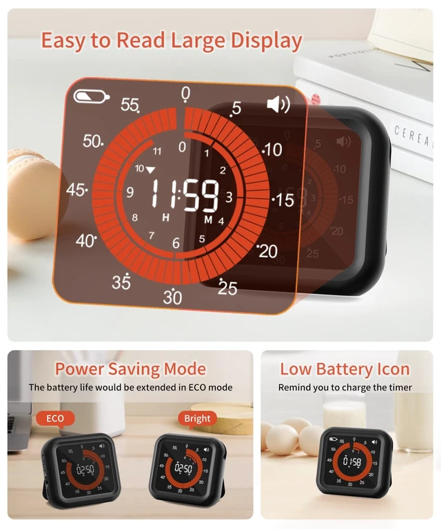 Alt view image 4 of 7 - Digital Magnetic Visual Kitchen Timer, Up to 11H 59M Countdown & Count Up | USB-C Rechargeable, Large VA Display, Adjustable Volume and Brightness, Memory Recall Function for Kitchen, Classroom, Study