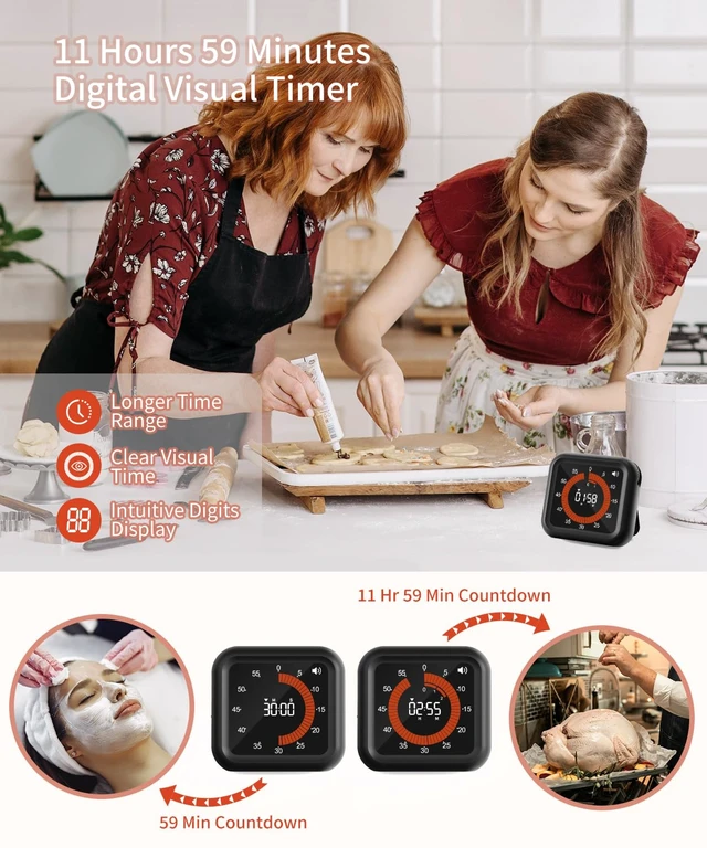 Alt view image 2 of 7 - Digital Magnetic Visual Kitchen Timer, Up to 11H 59M Countdown & Count Up | USB-C Rechargeable, Large VA Display, Adjustable Volume and Brightness, Memory Recall Function for Kitchen, Classroom, Study