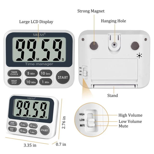 Alt view image 6 of 6 - Digital Kitchen Timer, Magnetic Countdown Up Cooking Timer | with Large LCD Display, Adjustable Volume, Loud Alarm & Strong Magnet for Teachers (Batteries Included)