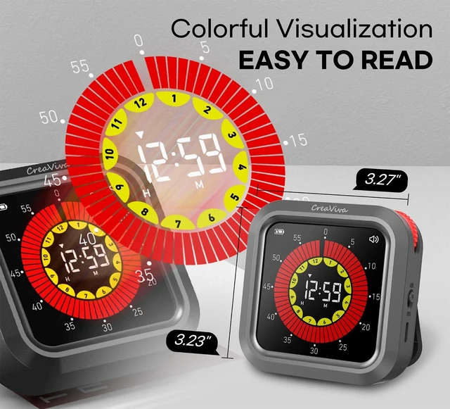 Alt view image 3 of 7 - Visual Digital Timer, Large Color Display & Rechargeable, Magnetic Back & Silent Mode, 12 Hours Countdown/Up Stopwatch Timer for ADHD, Kids, Classroom, Kitchen, Work Productivity (Gray)