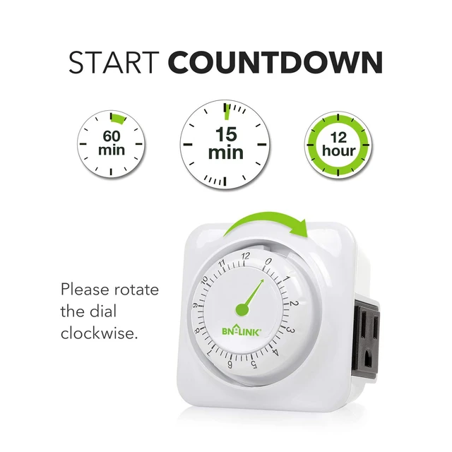 Alt view image 4 of 7 - 12 Hour Indoor Mechanical Accurate Countdown Timer, 3-Prong Grounded Outlet, 15 Minute Increments, Energy Saving for Kitchen, Phone Charger, Lamps, Holiday Decoration 1875W, 1/2 HP, ETL Listed