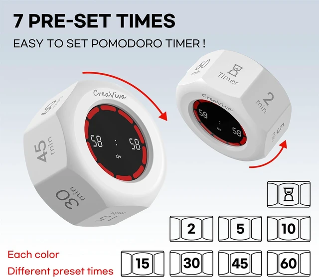 Alt view image 2 of 7 - Flip Cube Pomodoro Timer - Rechargeable Visual Countdown & Count Up Stopwatch, 7 Preset Intervals, 3 Alarm Modes, Productivity Tool for ADHD, Kids, Study, Work & Kitchen (White)