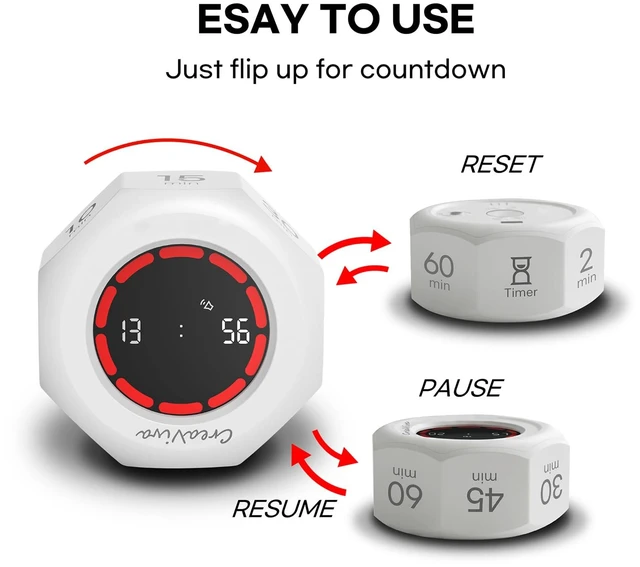 Alt view image 3 of 7 - Flip Cube Pomodoro Timer - Rechargeable Visual Countdown & Count Up Stopwatch, 7 Preset Intervals, 3 Alarm Modes, Productivity Tool for ADHD, Kids, Study, Work & Kitchen (White)