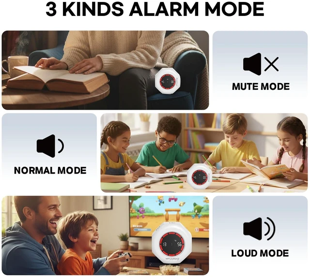 Alt view image 7 of 7 - Flip Cube Pomodoro Timer - Rechargeable Visual Countdown & Count Up Stopwatch, 7 Preset Intervals, 3 Alarm Modes, Productivity Tool for ADHD, Kids, Study, Work & Kitchen (White)
