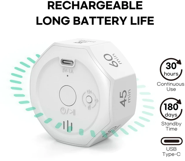Alt view image 5 of 7 - Flip Cube Pomodoro Timer - Rechargeable Visual Countdown & Count Up Stopwatch, 7 Preset Intervals, 3 Alarm Modes, Productivity Tool for ADHD, Kids, Study, Work & Kitchen (White)