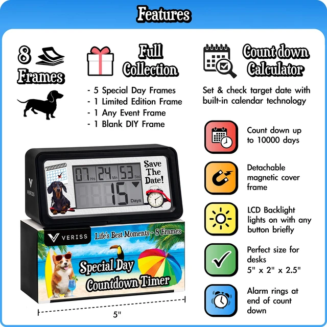Alt view image 2 of 7 - Digital 9999 Days Countdown Clock Timer with Backlight - Count Down Your Retirement, Wedding, Christmas, Vacation and All Calendar Event Dates in Your Life - Dog Collection (Black - 8 Frames)