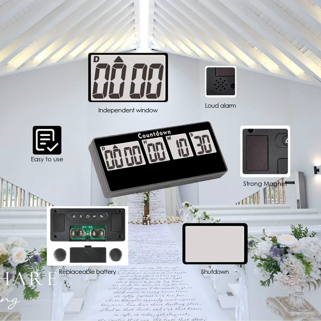 Alt view image 3 of 7 - 9999 Day Digital Countdown Timer for Kitchen Office Desk LCD, Black | Magnetic back, 60-second alert, count-up after zero, pause and resume, classroom events, wedding dates, fridge and shelf use