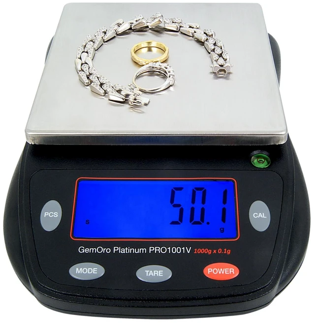 Main image of Platinum PRO1001V Professional Jewelry Scale, 1000g x 0.1g | 1000g capacity with 0.1g readability; countertop or portable design for jewelry and precious-metal weighing.