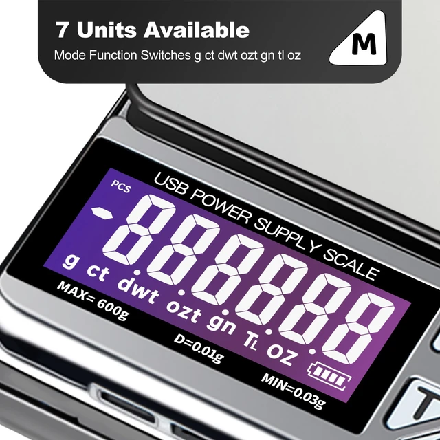 Alt view image 5 of 7 - Coin Scale, 600g x 0.01g Jewelry Scale with 7 Units & 3 Charging Interfaces, Digital Portable Pocket Gram Scale for Coin Collectors, Jewelers, Gold, Silver Dollar