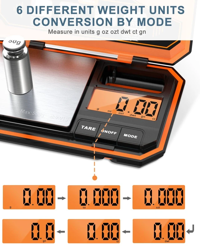Alt view image 3 of 7 - Digital Pocket Scale, 500g/0.01g High Precision Mini Grams Scale with 50g Calibration Weight, Digital Food Scale with LCD Display, 6 Units, Tare Function for Food, Jewelry, Coffee, Coin