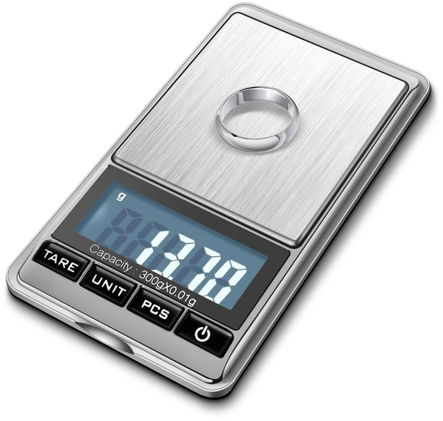 Main image of Digital Gram Scale, 300g x 0.01g Pocket Scale for Coins, Jewelry | Compact Food Scale with 6 Weighing Units, Stainless Steel Platform, Tare, Counting Mode, Tweezers and 50G Calibration Weight
