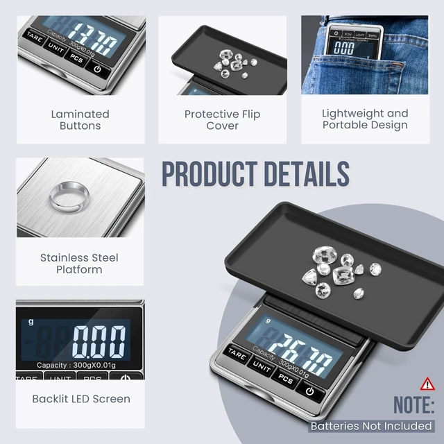 Alt view image 3 of 7 - Digital Gram Scale, 300g x 0.01g Pocket Scale for Coins, Jewelry | Compact Food Scale with 6 Weighing Units, Stainless Steel Platform, Tare, Counting Mode, Tweezers and 50G Calibration Weight