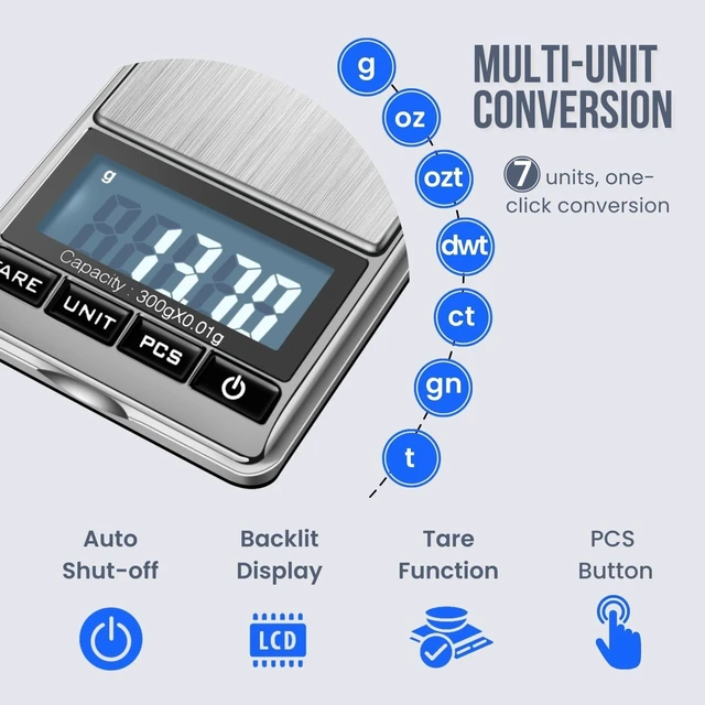 Alt view image 2 of 7 - Digital Gram Scale, 300g x 0.01g Pocket Scale for Coins, Jewelry | Compact Food Scale with 6 Weighing Units, Stainless Steel Platform, Tare, Counting Mode, Tweezers and 50G Calibration Weight
