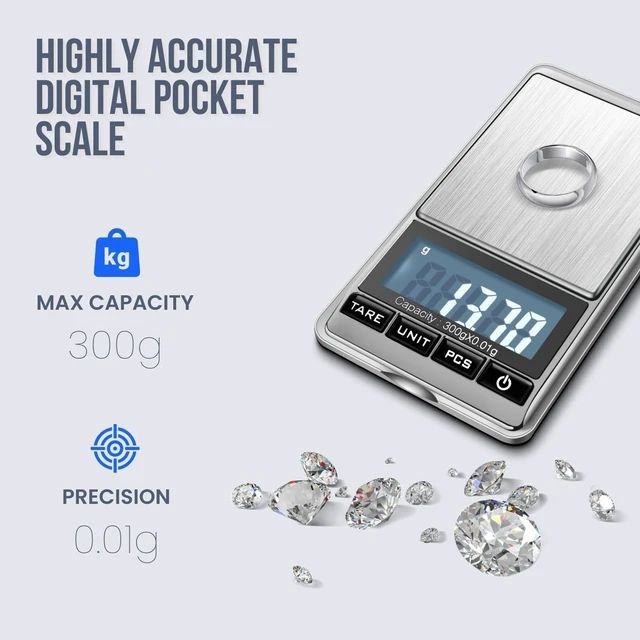 Alt view image 4 of 7 - Digital Gram Scale, 300g x 0.01g Pocket Scale for Coins, Jewelry | Compact Food Scale with 6 Weighing Units, Stainless Steel Platform, Tare, Counting Mode, Tweezers and 50G Calibration Weight
