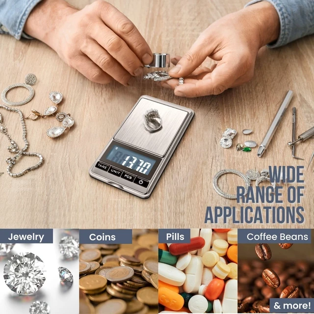 Alt view image 6 of 7 - Digital Gram Scale, 300g x 0.01g Pocket Scale for Coins, Jewelry | Compact Food Scale with 6 Weighing Units, Stainless Steel Platform, Tare, Counting Mode, Tweezers and 50G Calibration Weight