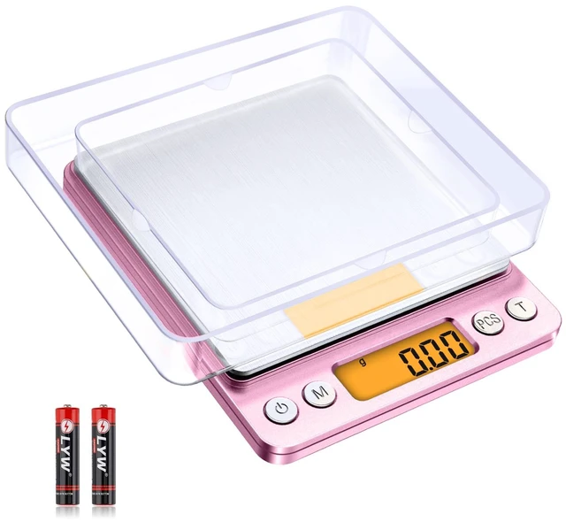 Main image of 0.01g High Precision Kitchen Food Scale, 500g Portable Digital Scale | with LCD Display, Tare, Multifunctional Gram Scale Weight for Cooking, Baking, Jewelry, 2 Tray, Batteries Included, Pink