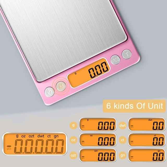 Alt view image 4 of 7 - 0.01g High Precision Kitchen Food Scale, 500g Portable Digital Scale | with LCD Display, Tare, Multifunctional Gram Scale Weight for Cooking, Baking, Jewelry, 2 Tray, Batteries Included, Pink