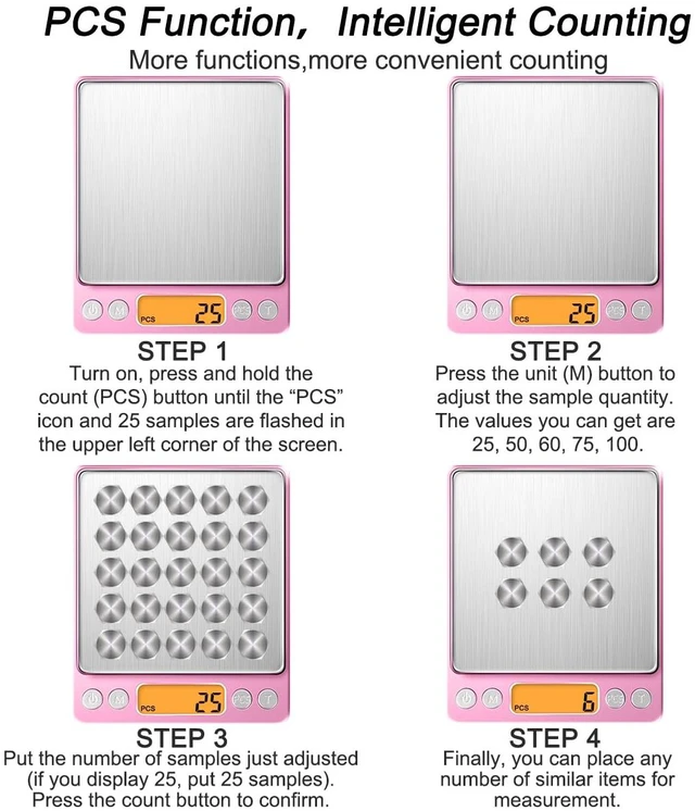 Alt view image 6 of 7 - 0.01g High Precision Kitchen Food Scale, 500g Portable Digital Scale | with LCD Display, Tare, Multifunctional Gram Scale Weight for Cooking, Baking, Jewelry, 2 Tray, Batteries Included, Pink
