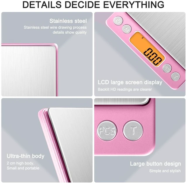 Alt view image 5 of 7 - 0.01g High Precision Kitchen Food Scale, 500g Portable Digital Scale | with LCD Display, Tare, Multifunctional Gram Scale Weight for Cooking, Baking, Jewelry, 2 Tray, Batteries Included, Pink