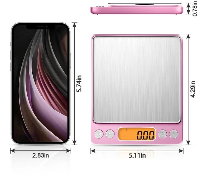 Alt view image 7 of 7 - 0.01g High Precision Kitchen Food Scale, 500g Portable Digital Scale | with LCD Display, Tare, Multifunctional Gram Scale Weight for Cooking, Baking, Jewelry, 2 Tray, Batteries Included, Pink