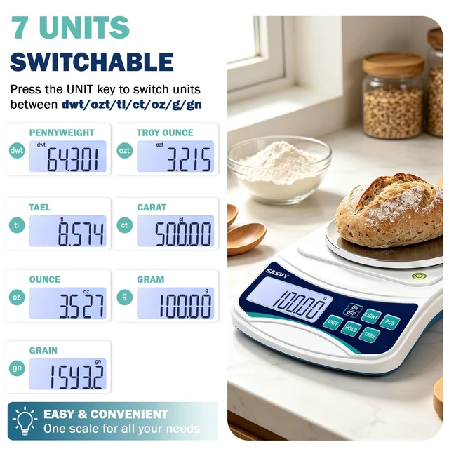 Alt view image 3 of 7 - Digital Lab Scale 1000g x 0.01g oz/g/ct/DWT/tl/gn/ozt Precision Electronic Scientific Scale Analytical Balance for Laboratory Jewelry Kitchen, Includes 100g Weight and 2 x AAA Batteries