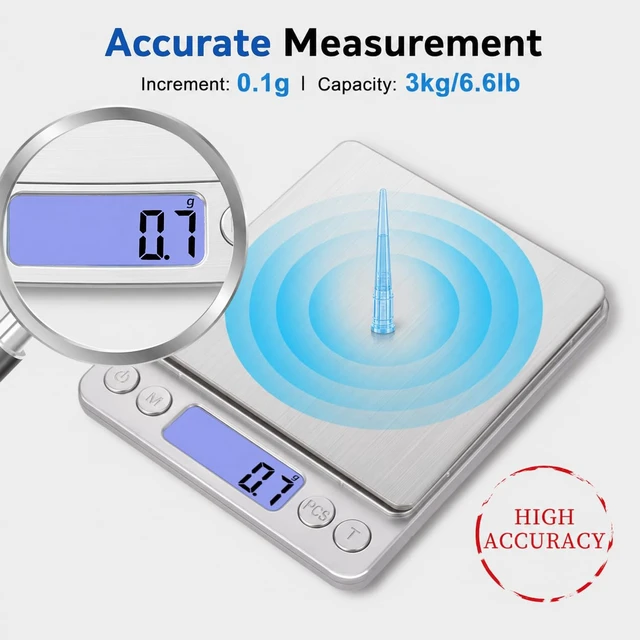 Alt view image 2 of 7 - Small Digital Food Scale Ounce/OZ and Gram Scale, Kitchen Scale 3000g/0.1g High Precision for Baking, Soap Making, Jewelry, Includes 2 Trays and Batteries, 9 Units, Tare Function, Easy to Store
