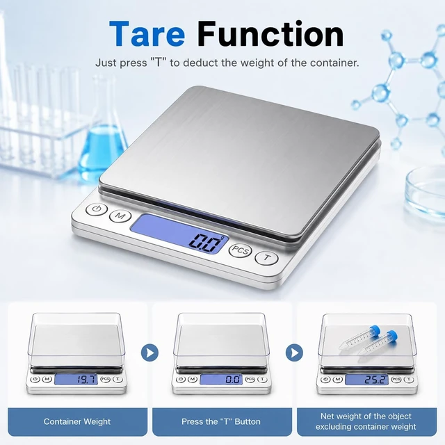 Alt view image 5 of 7 - Small Digital Food Scale Ounce/OZ and Gram Scale, Kitchen Scale 3000g/0.1g High Precision for Baking, Soap Making, Jewelry, Includes 2 Trays and Batteries, 9 Units, Tare Function, Easy to Store