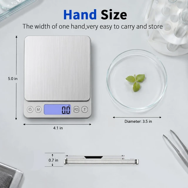 Alt view image 3 of 7 - Small Digital Food Scale Ounce/OZ and Gram Scale, Kitchen Scale 3000g/0.1g High Precision for Baking, Soap Making, Jewelry, Includes 2 Trays and Batteries, 9 Units, Tare Function, Easy to Store