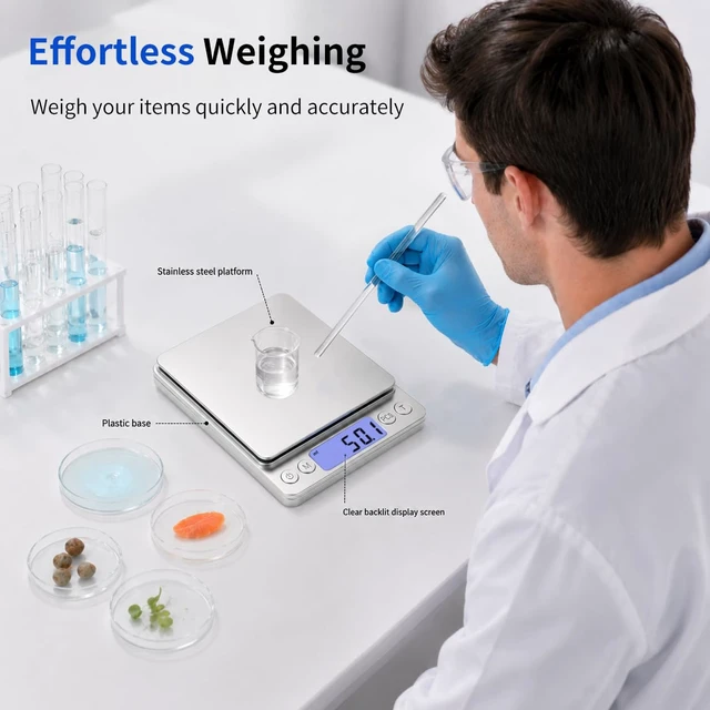 Alt view image 7 of 7 - Small Digital Food Scale Ounce/OZ and Gram Scale, Kitchen Scale 3000g/0.1g High Precision for Baking, Soap Making, Jewelry, Includes 2 Trays and Batteries, 9 Units, Tare Function, Easy to Store