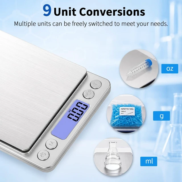 Alt view image 4 of 7 - Small Digital Food Scale Ounce/OZ and Gram Scale, Kitchen Scale 3000g/0.1g High Precision for Baking, Soap Making, Jewelry, Includes 2 Trays and Batteries, 9 Units, Tare Function, Easy to Store