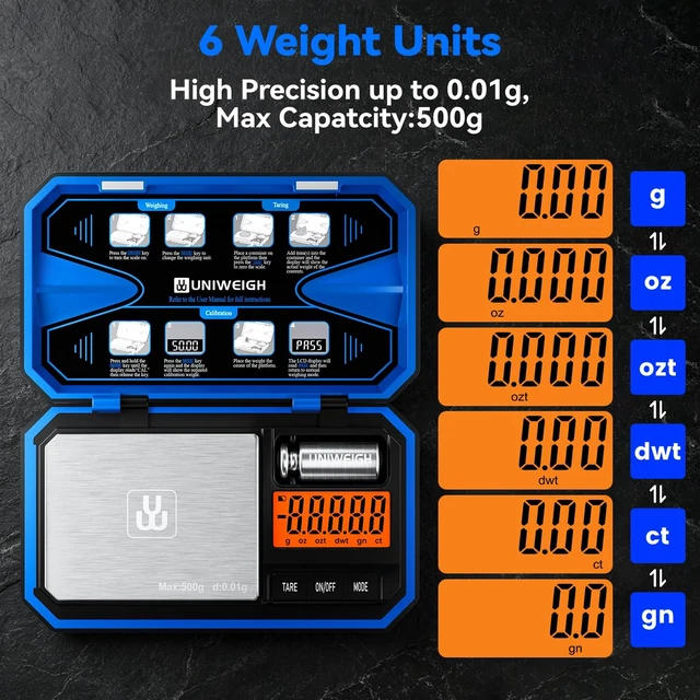 Alt view image 2 of 7 - Digital Pocket Gram Scale 500g x 0.01g Precision Jewelry Scale | Mini Coin Scales 6 Units/LCD,Weighs Small Food,Gold,Powder,Micro,Ounces,Grains,Reloading,Tare Function,Blue(Battery Included)