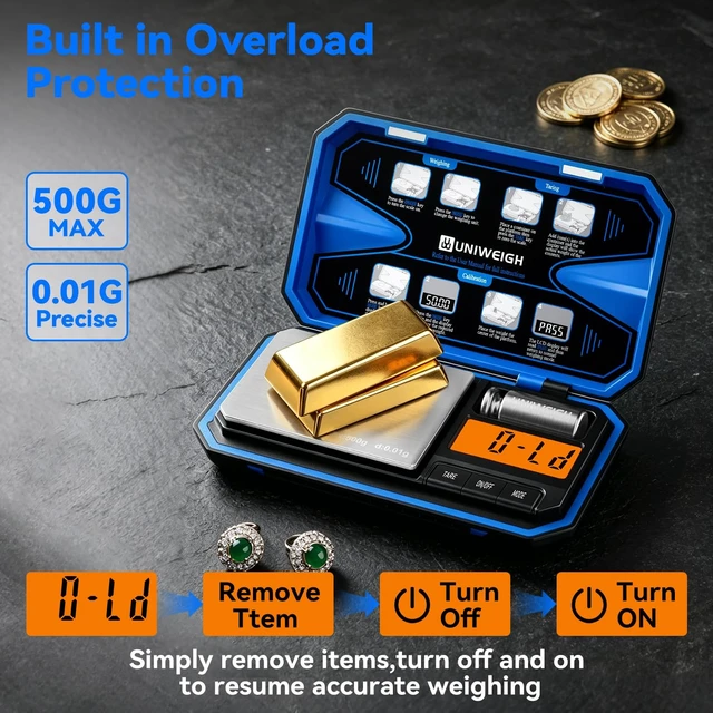 Alt view image 5 of 7 - Digital Pocket Gram Scale 500g x 0.01g Precision Jewelry Scale | Mini Coin Scales 6 Units/LCD,Weighs Small Food,Gold,Powder,Micro,Ounces,Grains,Reloading,Tare Function,Blue(Battery Included)