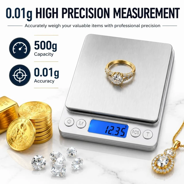 Alt view image 3 of 7 - 500g x 0.01g High Precision Jewelry Scale, Digital Gold Gram Scale | Coin Scale with Stainless Steel Platform Backlit LCD & Tare Function, Portable Pocket Scale for Jewelry, Coins, Gold, Silver