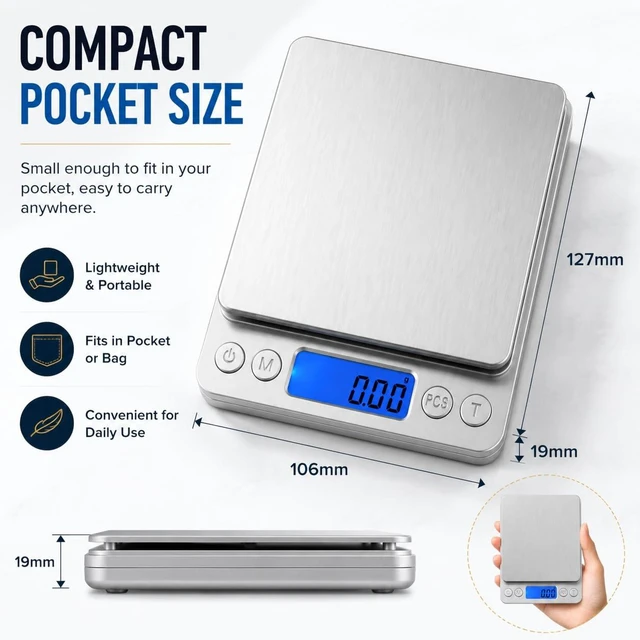 Alt view image 4 of 7 - 500g x 0.01g High Precision Jewelry Scale, Digital Gold Gram Scale | Coin Scale with Stainless Steel Platform Backlit LCD & Tare Function, Portable Pocket Scale for Jewelry, Coins, Gold, Silver