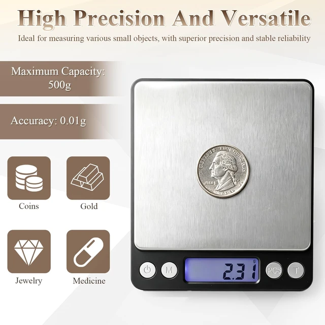 Alt view image 2 of 7 - Digital Jewelry Scale, 500g x 0.01g High Precision Gold Scale, Portable Gram Scale with LCD Display, Tare Function, PCS Counting, Professional Small Scale for Jewelers Collectors Pawn Shops