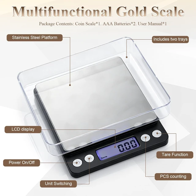 Alt view image 6 of 7 - Digital Jewelry Scale, 500g x 0.01g High Precision Gold Scale, Portable Gram Scale with LCD Display, Tare Function, PCS Counting, Professional Small Scale for Jewelers Collectors Pawn Shops