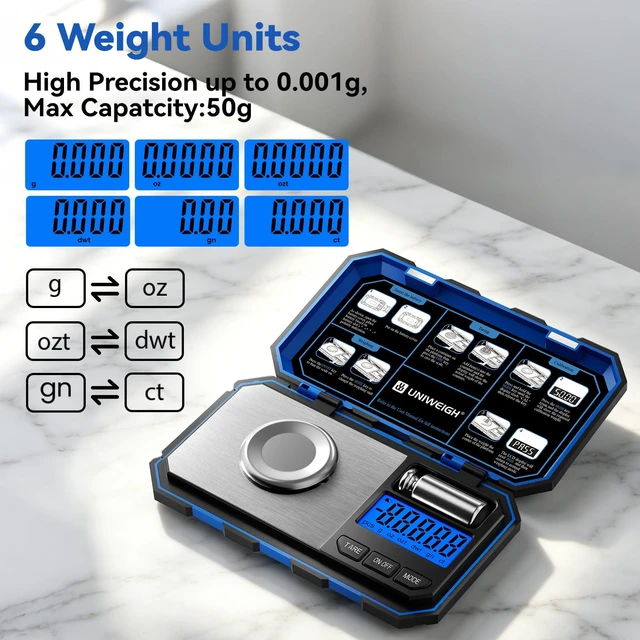 Alt view image 2 of 7 - Milligram Scale Precision 0.001g/50g | Digital Jewelry Scale for Powder,Gold,Gem,Reloading,Micro Gram,Coins Scale 6 Units,Tare,Pocket mg Scale with Cal Weight