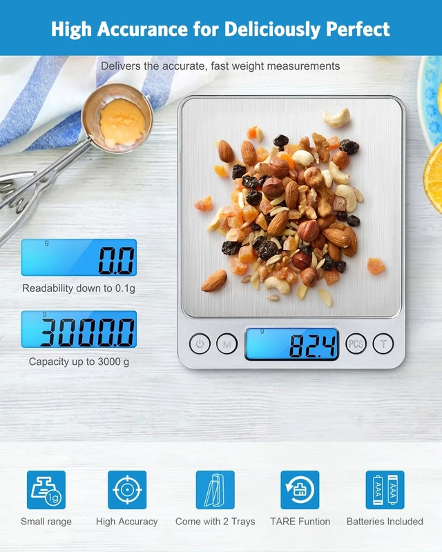 Alt view image 2 of 7 - Digital Kitchen Scale, 3000g 0.01oz/ 0.1g Pocket Coffee Scale, Mini Food Scale, Pro Electronic Jewelry Scale with Back-Lit LCD Display, Tare & PCS Functions, Stainless Steel, Batteries Included
