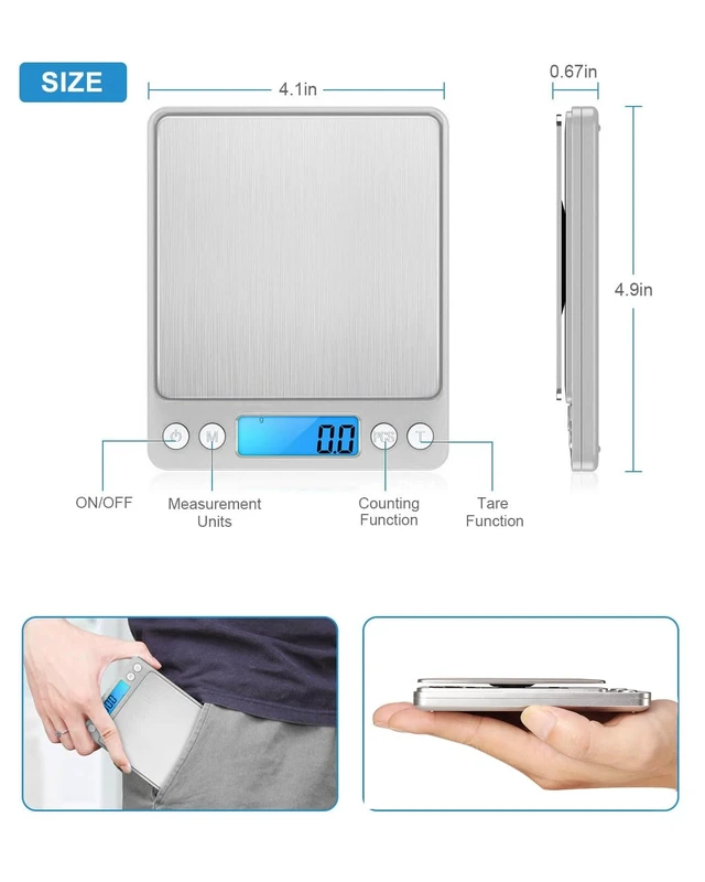 Alt view image 6 of 7 - Digital Kitchen Scale, 3000g 0.01oz/ 0.1g Pocket Coffee Scale, Mini Food Scale, Pro Electronic Jewelry Scale with Back-Lit LCD Display, Tare & PCS Functions, Stainless Steel, Batteries Included
