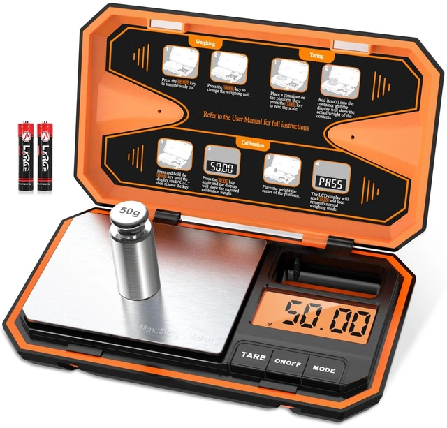 Main image of Digital Pocket Scale, High-Precision 500g x 0.01g Gram Scale | Jewelry Scale with 50g Calibration Weight, Mini 6 Units, Tare Function for Food, Coin, Coffee, Battery Included, Orange
