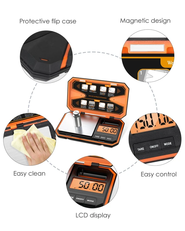 Alt view image 4 of 7 - Digital Pocket Scale, High-Precision 500g x 0.01g Gram Scale | Jewelry Scale with 50g Calibration Weight, Mini 6 Units, Tare Function for Food, Coin, Coffee, Battery Included, Orange