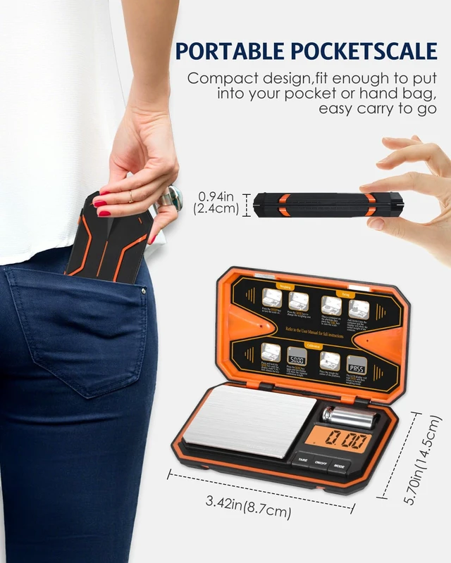 Alt view image 3 of 7 - Digital Pocket Scale, High-Precision 500g x 0.01g Gram Scale | Jewelry Scale with 50g Calibration Weight, Mini 6 Units, Tare Function for Food, Coin, Coffee, Battery Included, Orange
