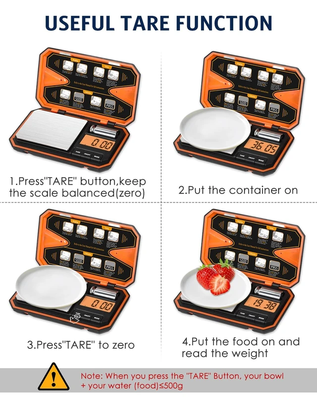 Alt view image 5 of 7 - Digital Pocket Scale, High-Precision 500g x 0.01g Gram Scale | Jewelry Scale with 50g Calibration Weight, Mini 6 Units, Tare Function for Food, Coin, Coffee, Battery Included, Orange