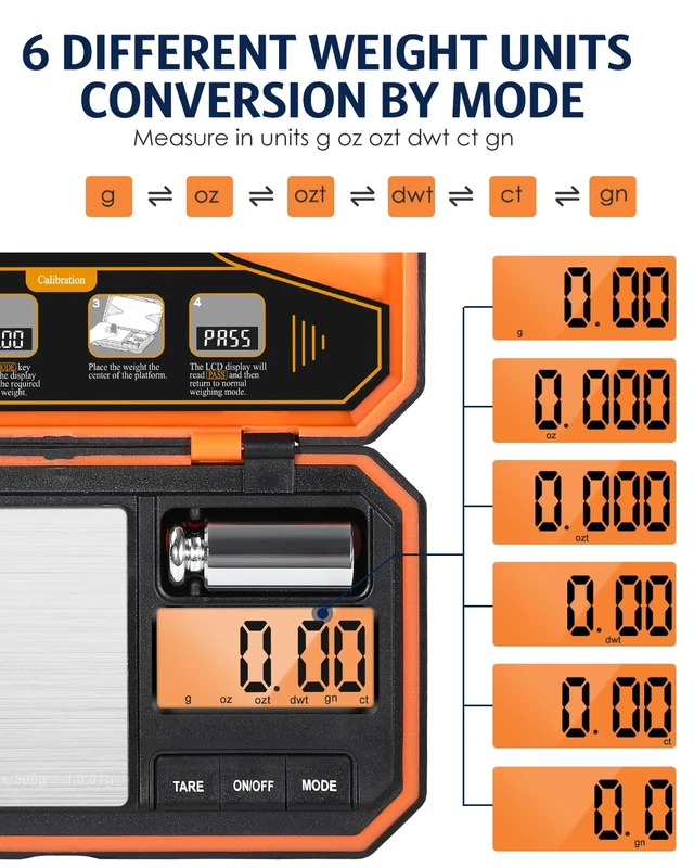 Alt view image 6 of 7 - Digital Pocket Scale, High-Precision 500g x 0.01g Gram Scale | Jewelry Scale with 50g Calibration Weight, Mini 6 Units, Tare Function for Food, Coin, Coffee, Battery Included, Orange