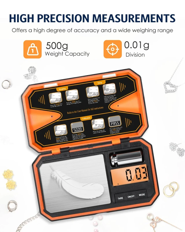 Alt view image 7 of 7 - Digital Pocket Scale, High-Precision 500g x 0.01g Gram Scale | Jewelry Scale with 50g Calibration Weight, Mini 6 Units, Tare Function for Food, Coin, Coffee, Battery Included, Orange
