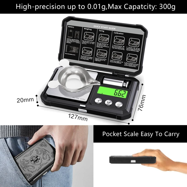 Alt view image 3 of 6 - Digital Pocket Gram Scale 300g x 0.01g Accuracy Jewelry Scale | Small Mini High Precision Scale Digital Weight Grams And Oz For Gold,DiamondArrows, Powders & Mdicine ,With 50g Cal Weights