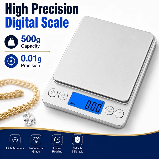 Alt view image 2 of 7 - Digital Jewelry Scale, Coin Scale to Weigh Coins for Collectors | 500g x 0.01g Gram Scale 0.001oz/0.01g Accuracy for Jewelers, Portable Digital Scale with Tare Function & 2 Trays
