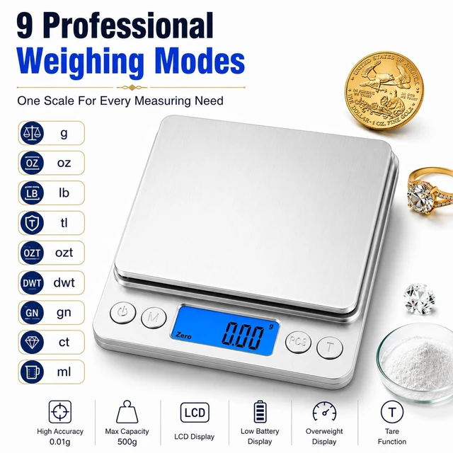 Alt view image 3 of 7 - Digital Jewelry Scale, Coin Scale to Weigh Coins for Collectors | 500g x 0.01g Gram Scale 0.001oz/0.01g Accuracy for Jewelers, Portable Digital Scale with Tare Function & 2 Trays
