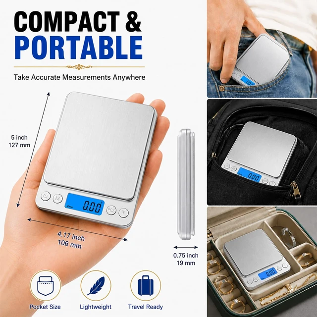 Alt view image 5 of 7 - Digital Jewelry Scale, Coin Scale to Weigh Coins for Collectors | 500g x 0.01g Gram Scale 0.001oz/0.01g Accuracy for Jewelers, Portable Digital Scale with Tare Function & 2 Trays